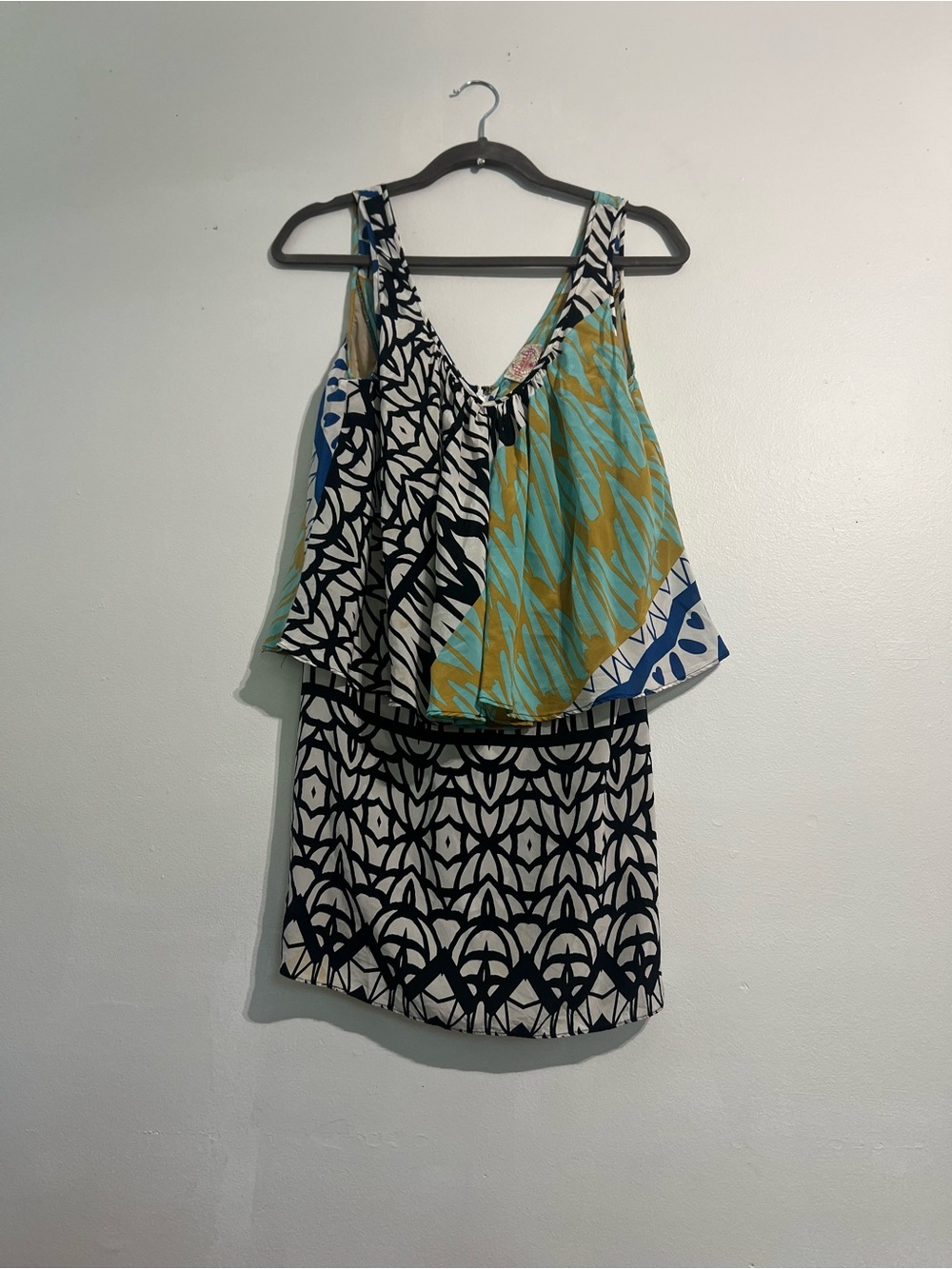 Printed Midi Dress with Layered Bodice - Teal, Black & White